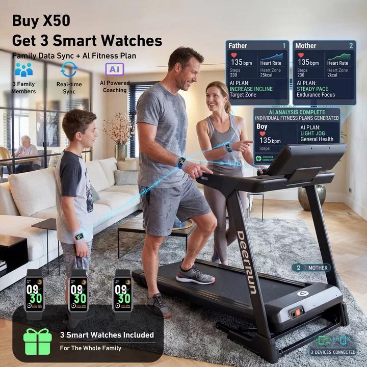 DeerRun X50 18% Auto Incline Big Screen AI Coach Smart Treadmill | 12.5 mph, 400 lbs Capacity