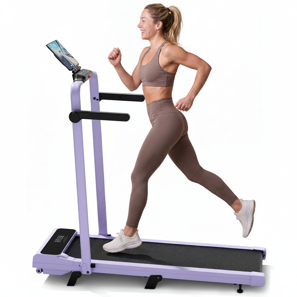 2026 New A6 Plus Handle 5% Incline 2 in 1 Foldable Treadmill with Whole Screen Upgraded Chip & NFC Support | 300 lbs, 7.5 mph, Purple
